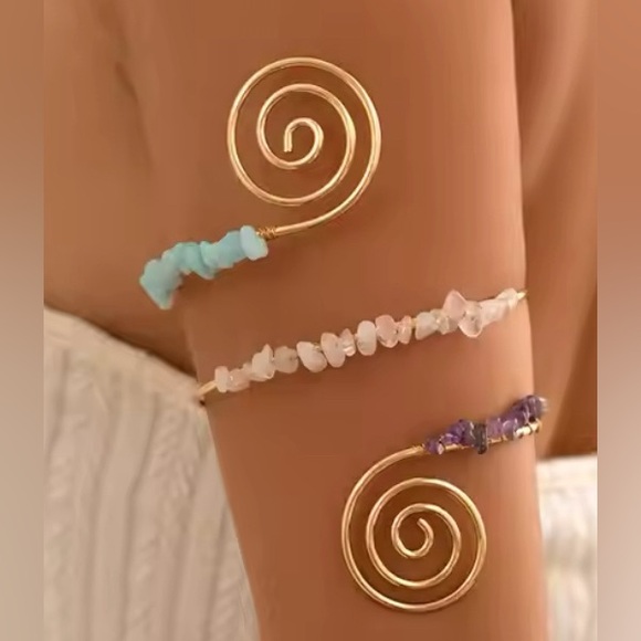 New, Natural Stones Spiral Upper Arm Cuff Bangle Adjustable Open bracelet - Picture 2 of 8